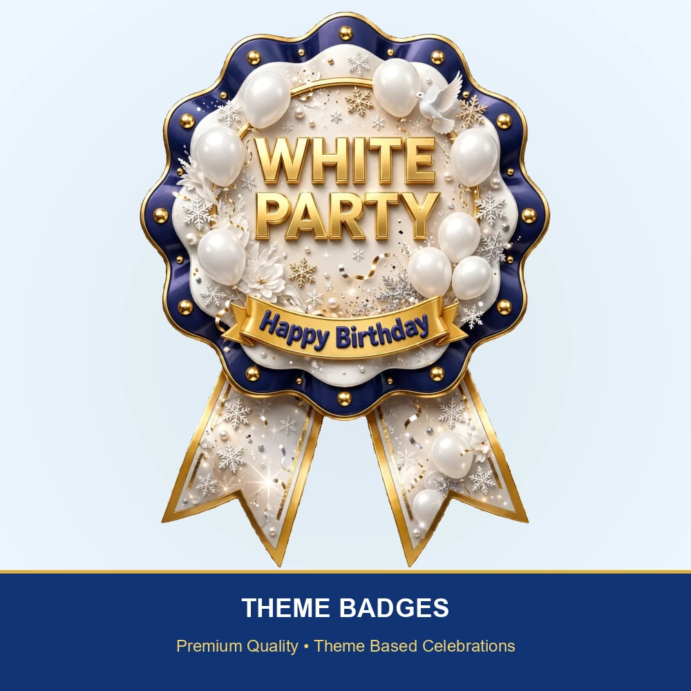 White Party Theme Theme Badges Birthday Party Supplies (PACK OF 16) - 300 GSM Premium Cardstock with Pin (3.7 x 3 Inch) - Premium Party Decor Supply by Party Decor Mall - View 2