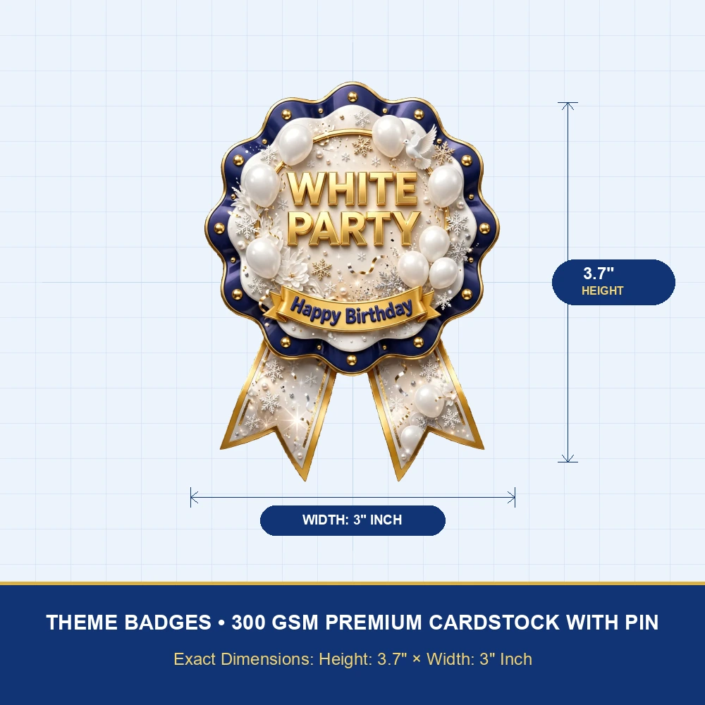 White Party Theme Theme Badges Birthday Party Supplies (PACK OF 16) - 300 GSM Premium Cardstock with Pin (3.7 x 3 Inch) - Premium Party Decor Supply by Party Decor Mall - View 4