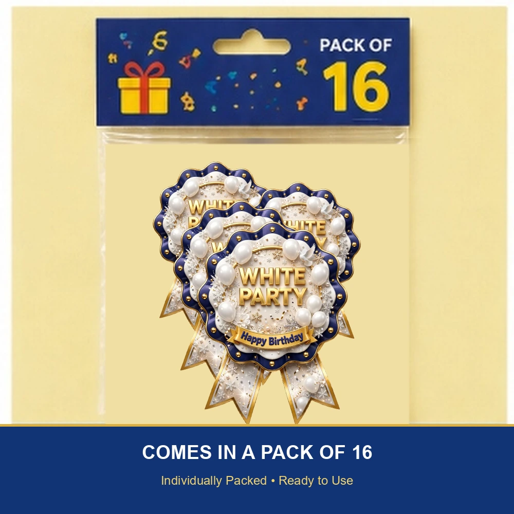White Party Theme Theme Badges Birthday Party Supplies (PACK OF 16) - 300 GSM Premium Cardstock with Pin (3.7 x 3 Inch) - Premium Party Decor Supply by Party Decor Mall - View 6