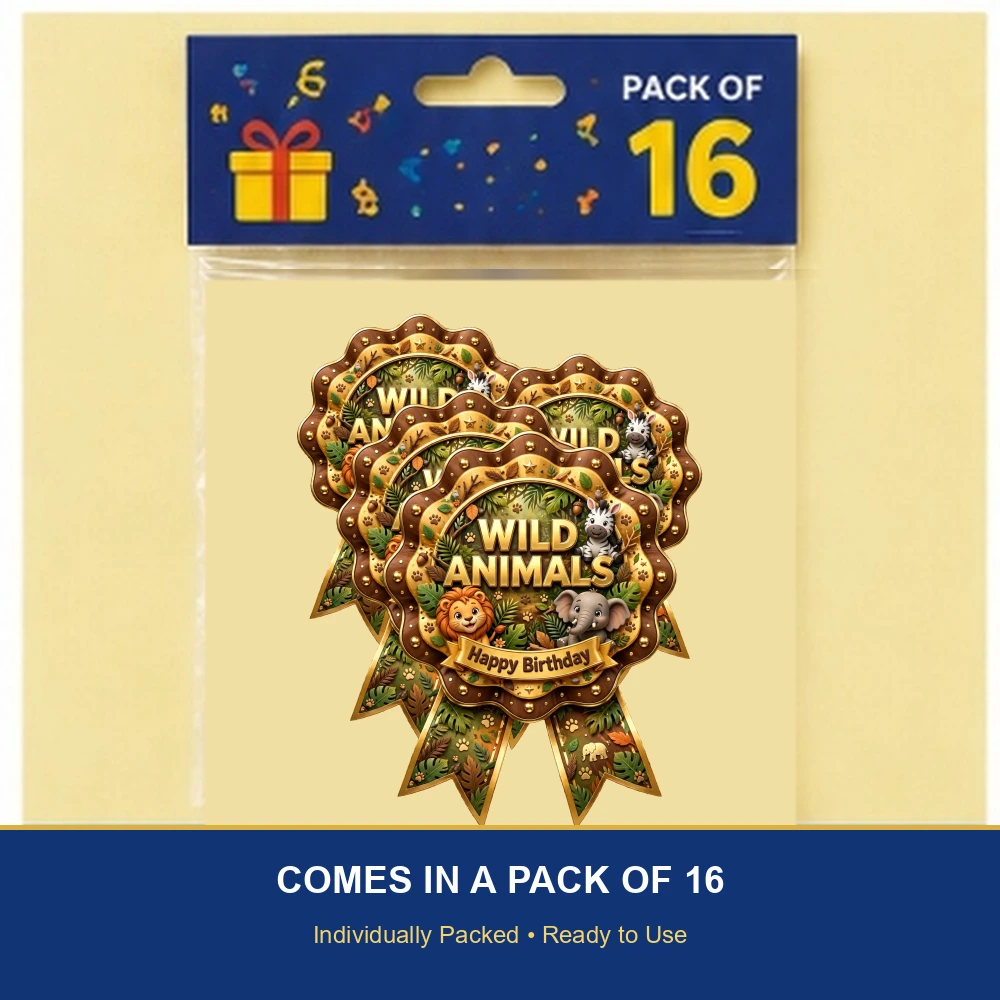Wild Animals Theme Theme Badges Birthday Party Supplies (PACK OF 16) - 300 GSM Premium Cardstock with Pin (3.7 x 3 Inch) - Premium Party Decor Supply by Party Decor Mall - View 6