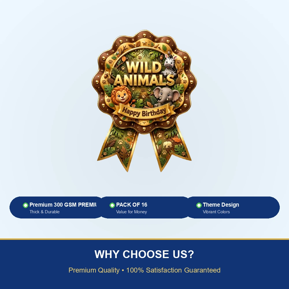 Wild Animals Theme Theme Badges Birthday Party Supplies (PACK OF 16) - 300 GSM Premium Cardstock with Pin (3.7 x 3 Inch) - Premium Party Decor Supply by Party Decor Mall - View 7