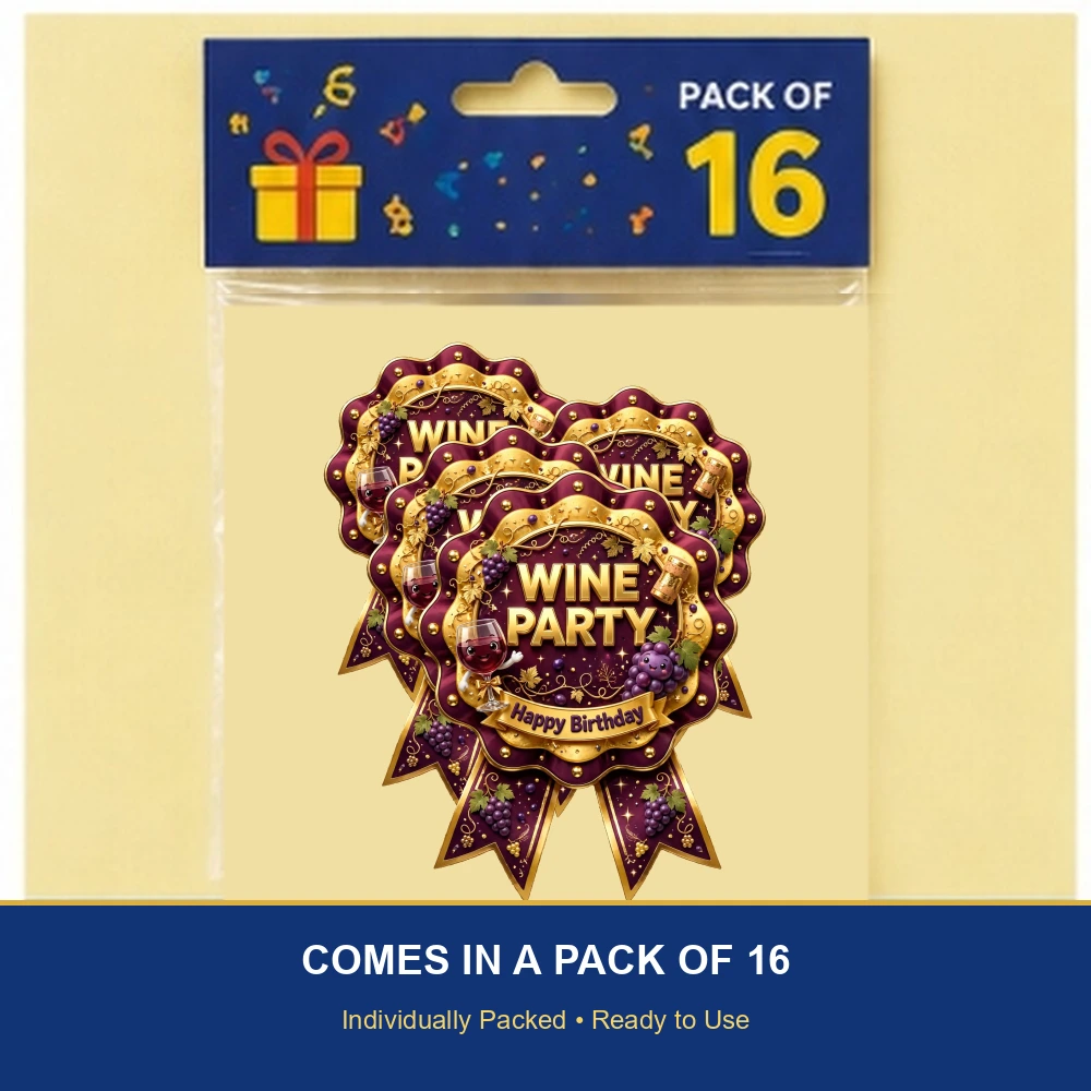 Wine Party Theme Theme Badges Birthday Party Supplies (PACK OF 16) - 300 GSM Premium Cardstock with Pin (3.7 x 3 Inch) - Premium Party Decor Supply by Party Decor Mall - View 6