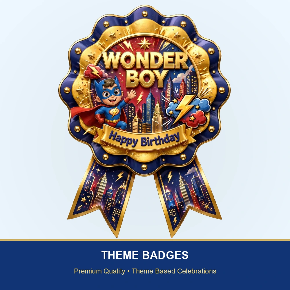 Wonder Boy Theme Theme Badges Birthday Party Supplies (PACK OF 16) - 300 GSM Premium Cardstock with Pin (3.7 x 3 Inch) - Premium Party Decor Supply by Party Decor Mall - View 2