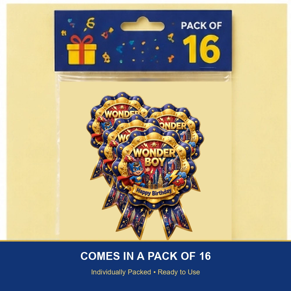 Wonder Boy Theme Theme Badges Birthday Party Supplies (PACK OF 16) - 300 GSM Premium Cardstock with Pin (3.7 x 3 Inch) - Premium Party Decor Supply by Party Decor Mall - View 6