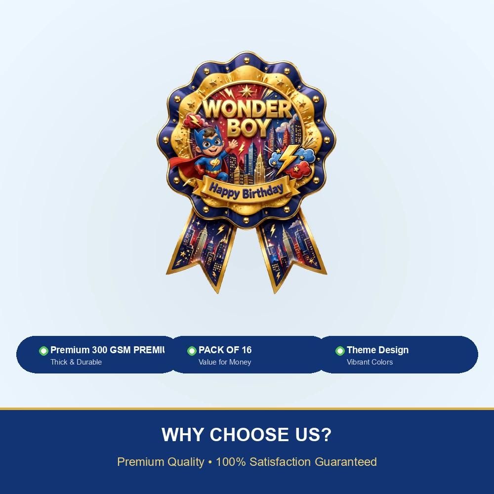 Wonder Boy Theme Theme Badges Birthday Party Supplies (PACK OF 16) - 300 GSM Premium Cardstock with Pin (3.7 x 3 Inch) - Premium Party Decor Supply by Party Decor Mall - View 7