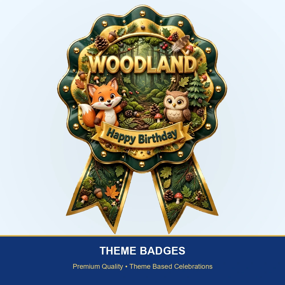 Woodland Theme Theme Badges Birthday Party Supplies (PACK OF 16) - 300 GSM Premium Cardstock with Pin (3.7 x 3 Inch) - Premium Party Decor Supply by Party Decor Mall - View 2