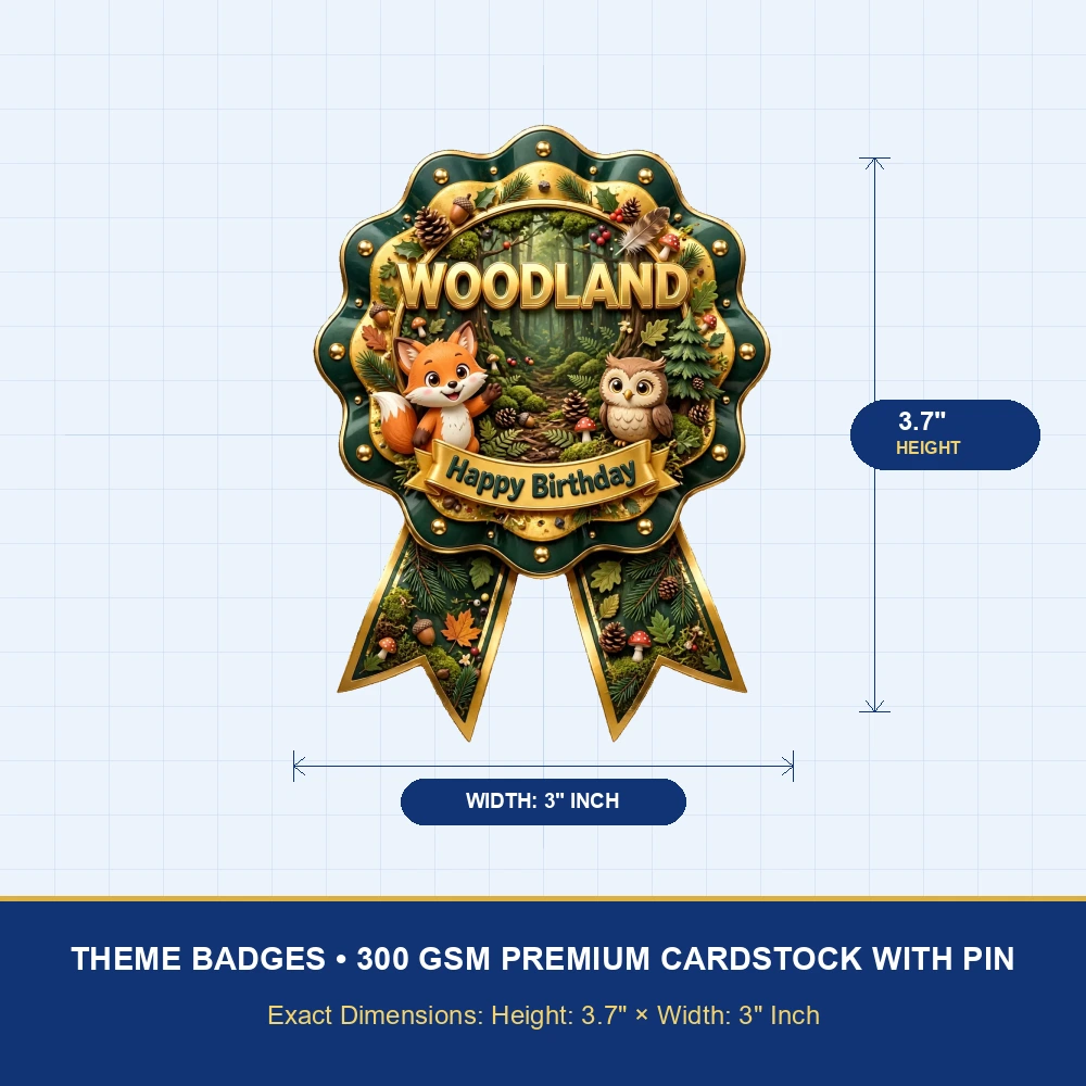 Woodland Theme Theme Badges Birthday Party Supplies (PACK OF 16) - 300 GSM Premium Cardstock with Pin (3.7 x 3 Inch) - Premium Party Decor Supply by Party Decor Mall - View 4