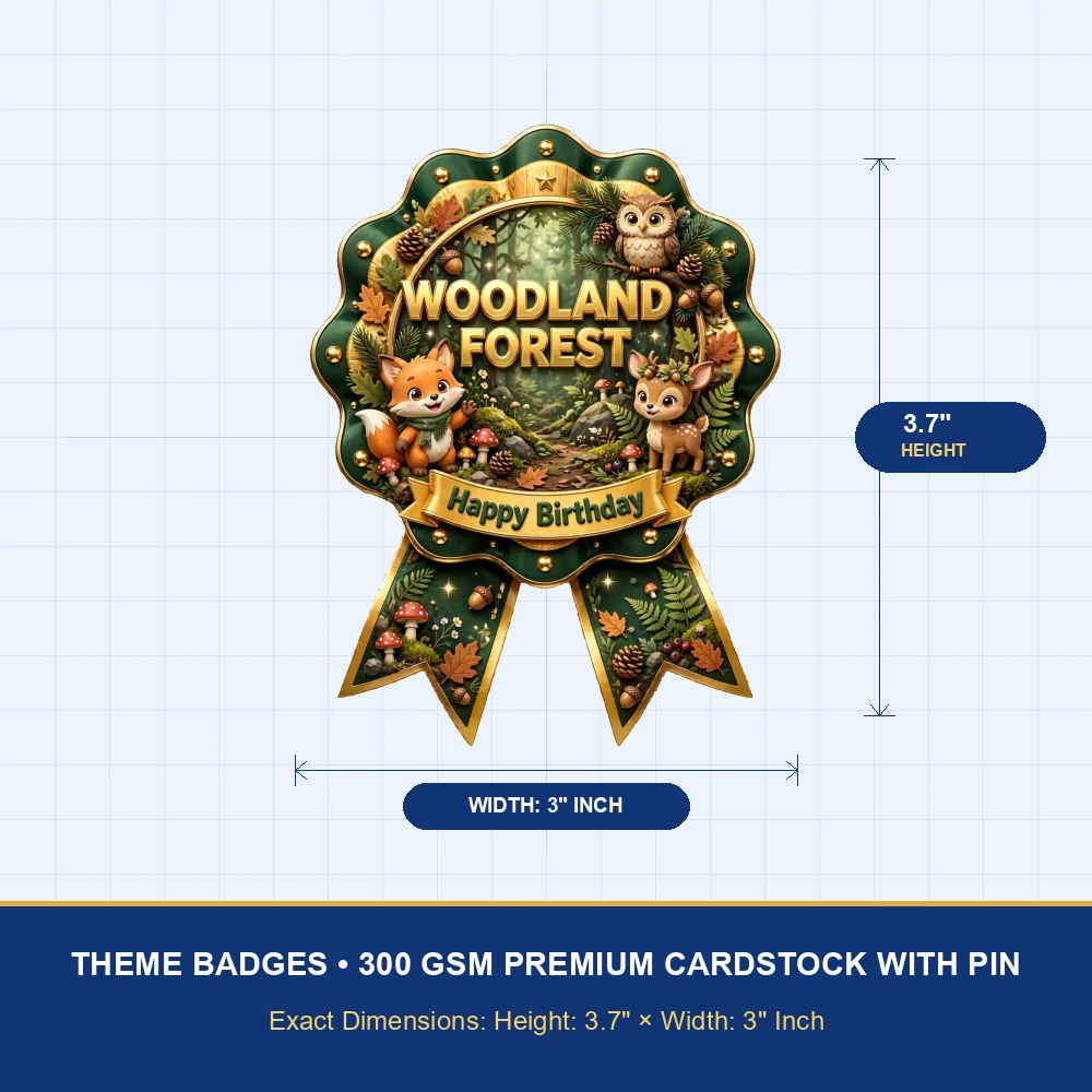 Woodland Forest Theme Theme Badges Birthday Party Supplies (PACK OF 16) - 300 GSM Premium Cardstock with Pin (3.7 x 3 Inch) - Premium Party Decor Supply by Party Decor Mall - View 4