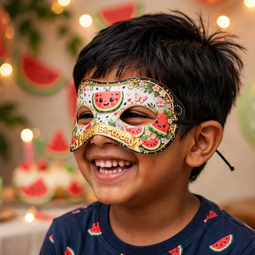Watermelon Theme Party Mask Birthday Party Supplies (PACK OF 12) - 280 GSM Cardstock with Soft Stretchable Elastic Band (7 Inches wide) - Premium Party Decor Supply by Party Decor Mall - View 4