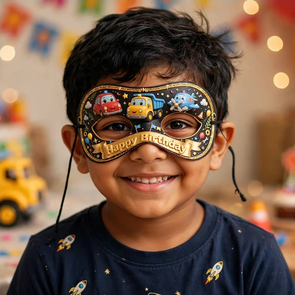 Vehicles Theme Party Mask Birthday Party Supplies (PACK OF 12) - 280 GSM Cardstock with Soft Stretchable Elastic Band (7 Inches wide) - Premium Party Decor Supply by Party Decor Mall - View 4