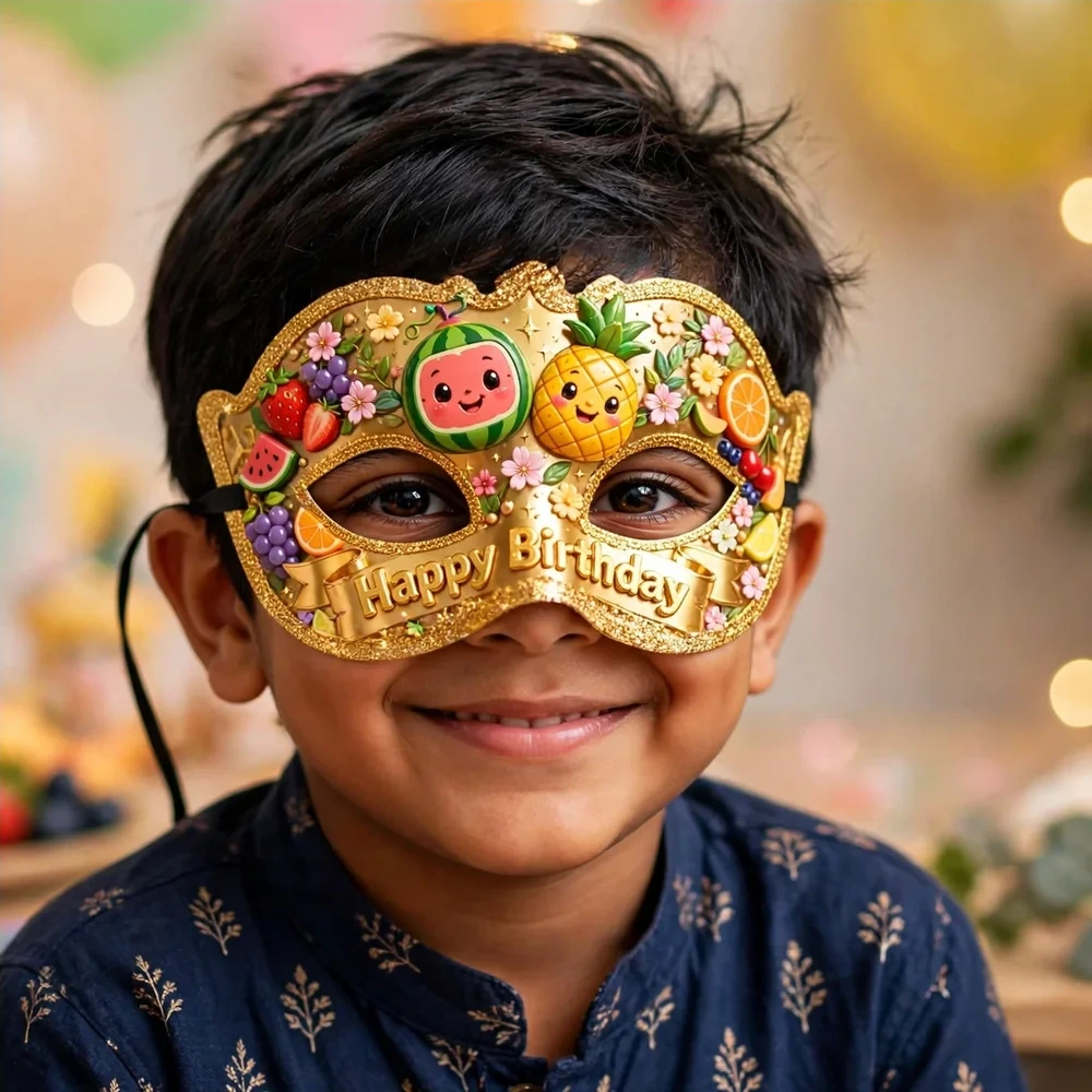 Tuti Fruity Theme Party Mask Birthday Party Supplies (PACK OF 12) - 280 GSM Cardstock with Soft Stretchable Elastic Band (7 Inches wide) - Premium Party Decor Supply by Party Decor Mall - View 4