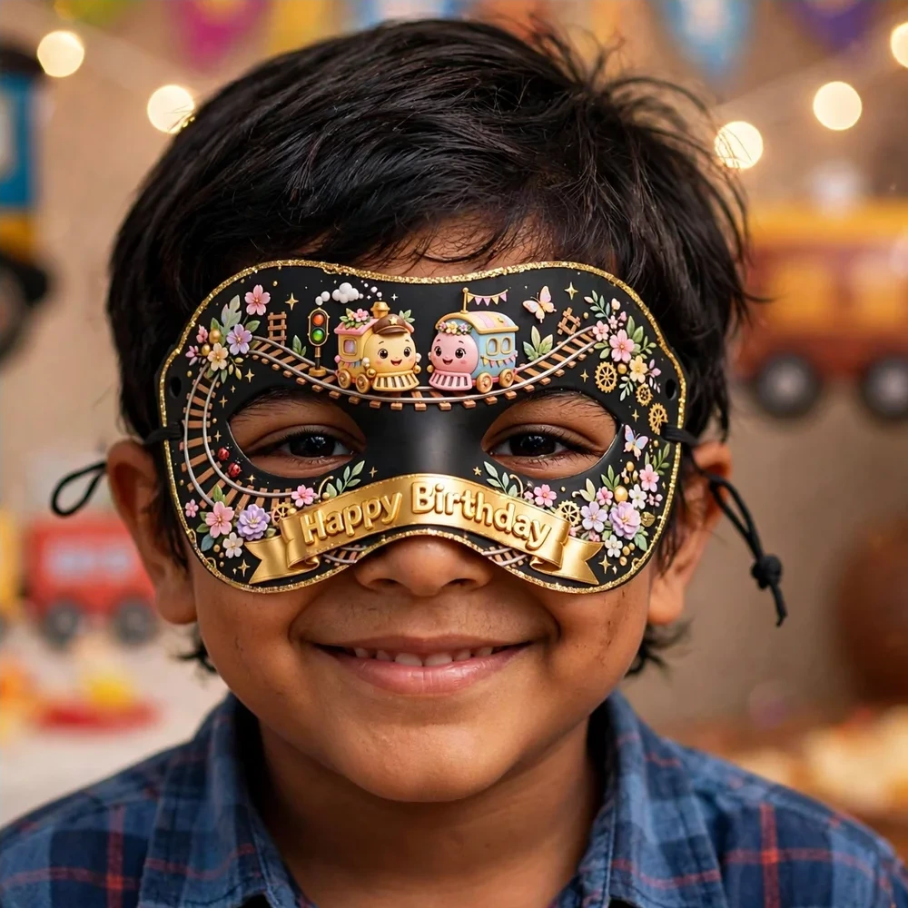 Train Theme Party Mask Birthday Party Supplies (PACK OF 12) - 280 GSM Cardstock with Soft Stretchable Elastic Band (7 Inches wide) - Premium Party Decor Supply by Party Decor Mall - View 4