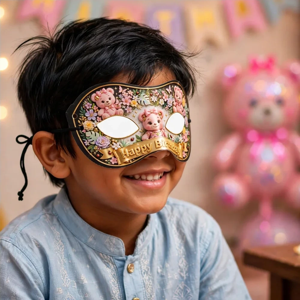 Teddy Bear Girl Theme Party Mask Birthday Party Supplies (PACK OF 12) - 280 GSM Cardstock with Soft Stretchable Elastic Band (7 Inches wide) - Premium Party Decor Supply by Party Decor Mall - View 4