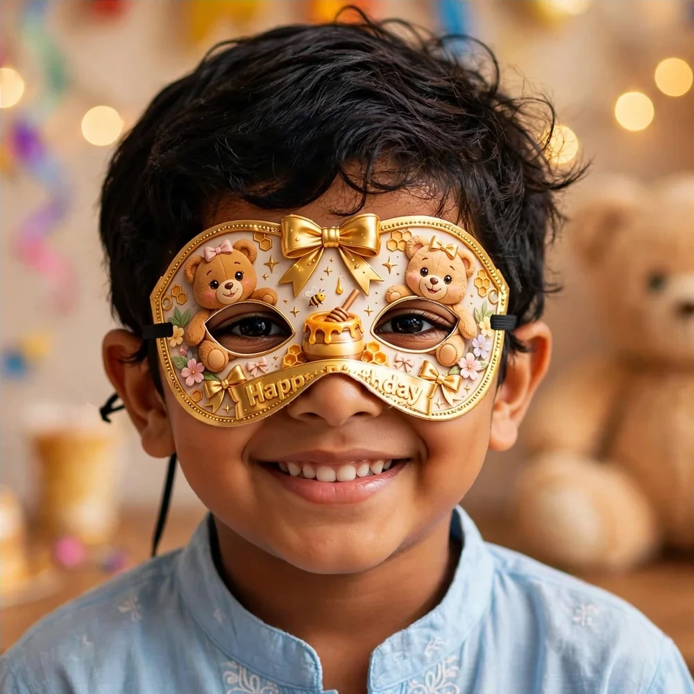Teddy Bear Theme Party Mask Birthday Party Supplies (PACK OF 12) - 280 GSM Cardstock with Soft Stretchable Elastic Band (7 Inches wide) - Premium Party Decor Supply by Party Decor Mall - View 4