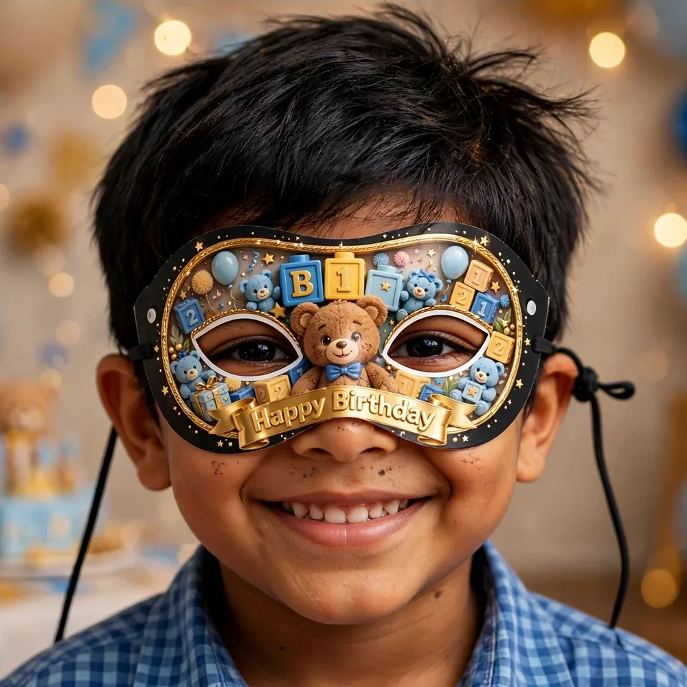Teddy Bear Boy Theme Party Mask Birthday Party Supplies (PACK OF 12) - 280 GSM Cardstock with Soft Stretchable Elastic Band (7 Inches wide) - Premium Party Decor Supply by Party Decor Mall - View 4