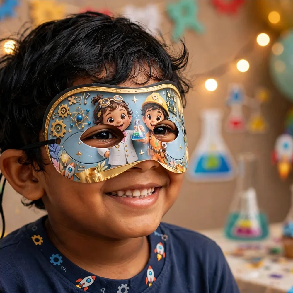 STEM Theme Party Mask Birthday Party Supplies (PACK OF 12) - 280 GSM Cardstock with Soft Stretchable Elastic Band (7 Inches wide) - Premium Party Decor Supply by Party Decor Mall - View 4