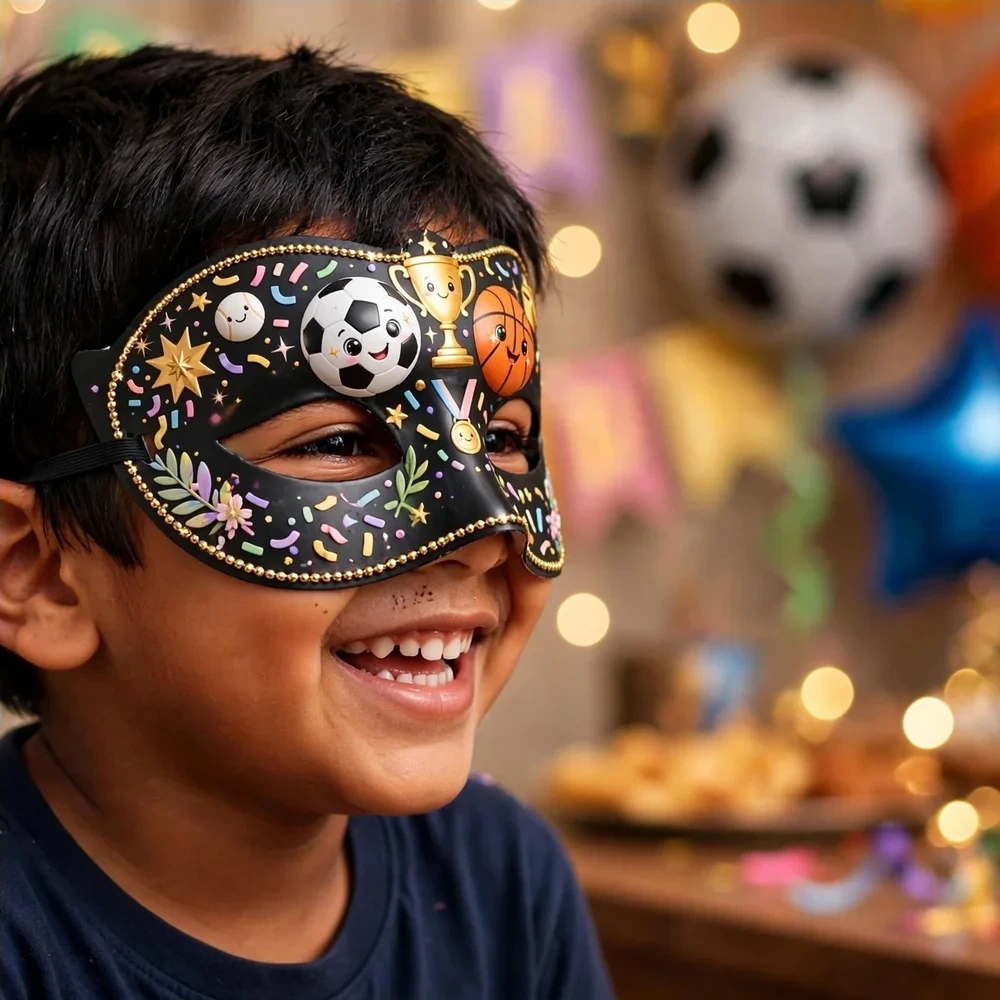 Sports Theme Party Mask Birthday Party Supplies (PACK OF 12) - 280 GSM Cardstock with Soft Stretchable Elastic Band (7 Inches wide) - Premium Party Decor Supply by Party Decor Mall - View 4