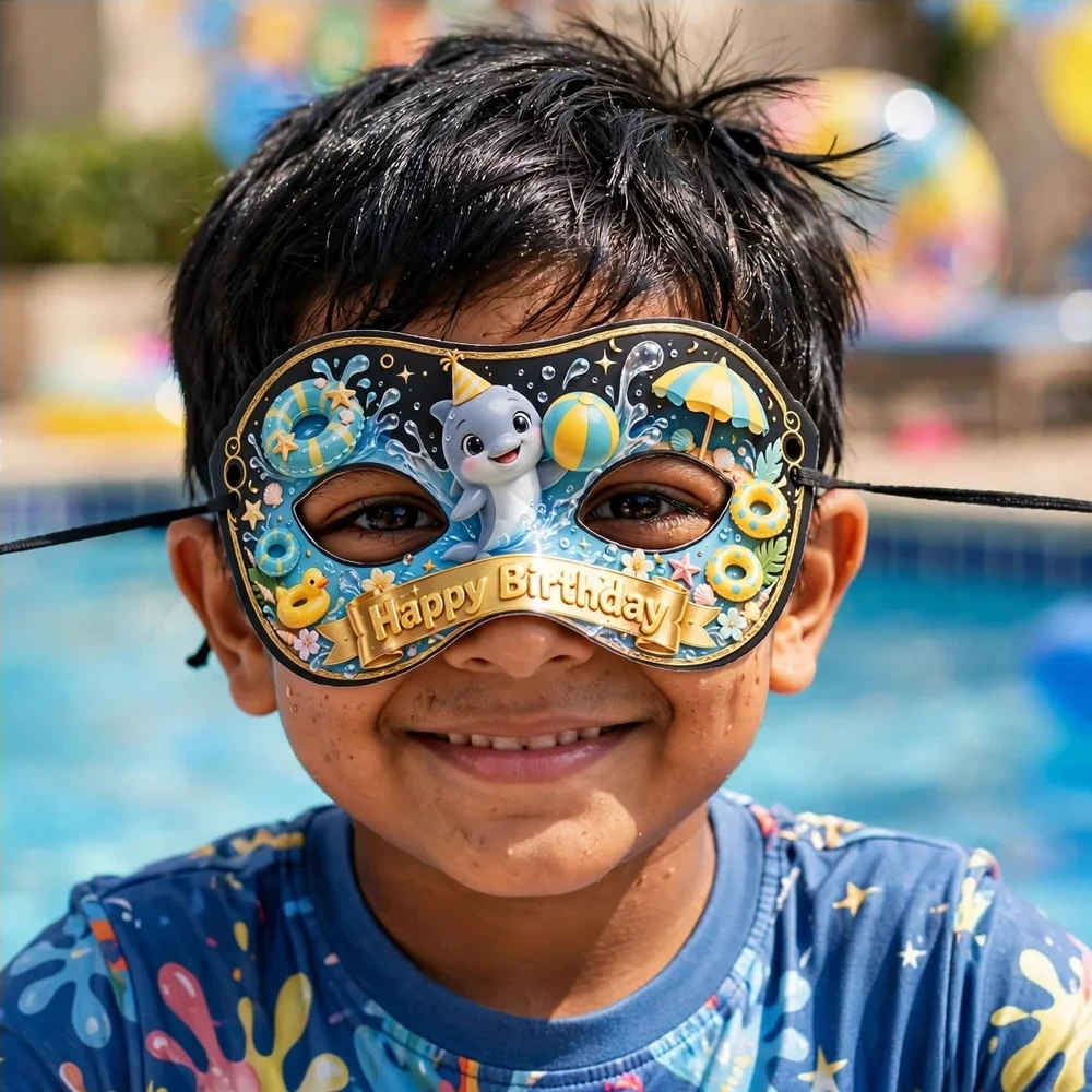 Splash Pool Theme Party Mask Birthday Party Supplies (PACK OF 12) - 280 GSM Cardstock with Soft Stretchable Elastic Band (7 Inches wide) - Premium Party Decor Supply by Party Decor Mall - View 4