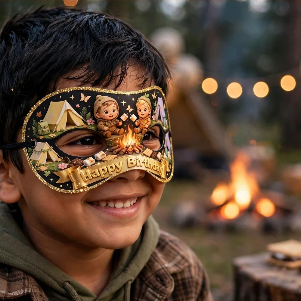 Smores Campfire Theme Party Mask Birthday Party Supplies (PACK OF 12) - 280 GSM Cardstock with Soft Stretchable Elastic Band (7 Inches wide) - Premium Party Decor Supply by Party Decor Mall - View 4