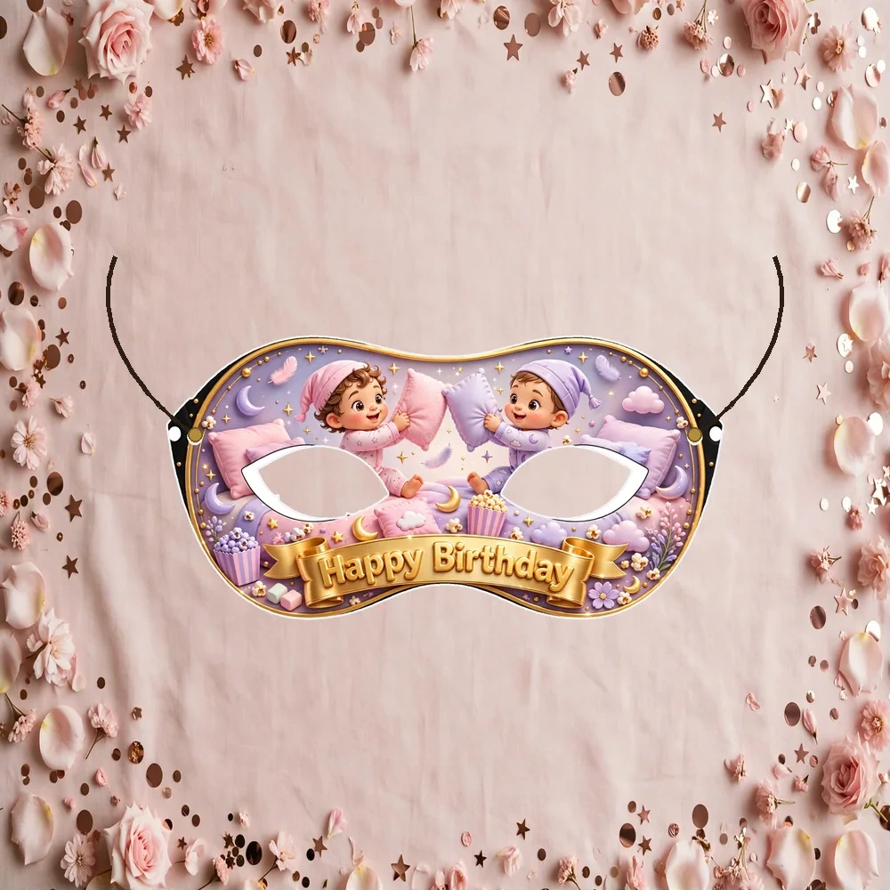 Sleepover Theme Party Mask Birthday Party Supplies (PACK OF 12) - 280 GSM Cardstock with Soft Stretchable Elastic Band (7 Inches wide)