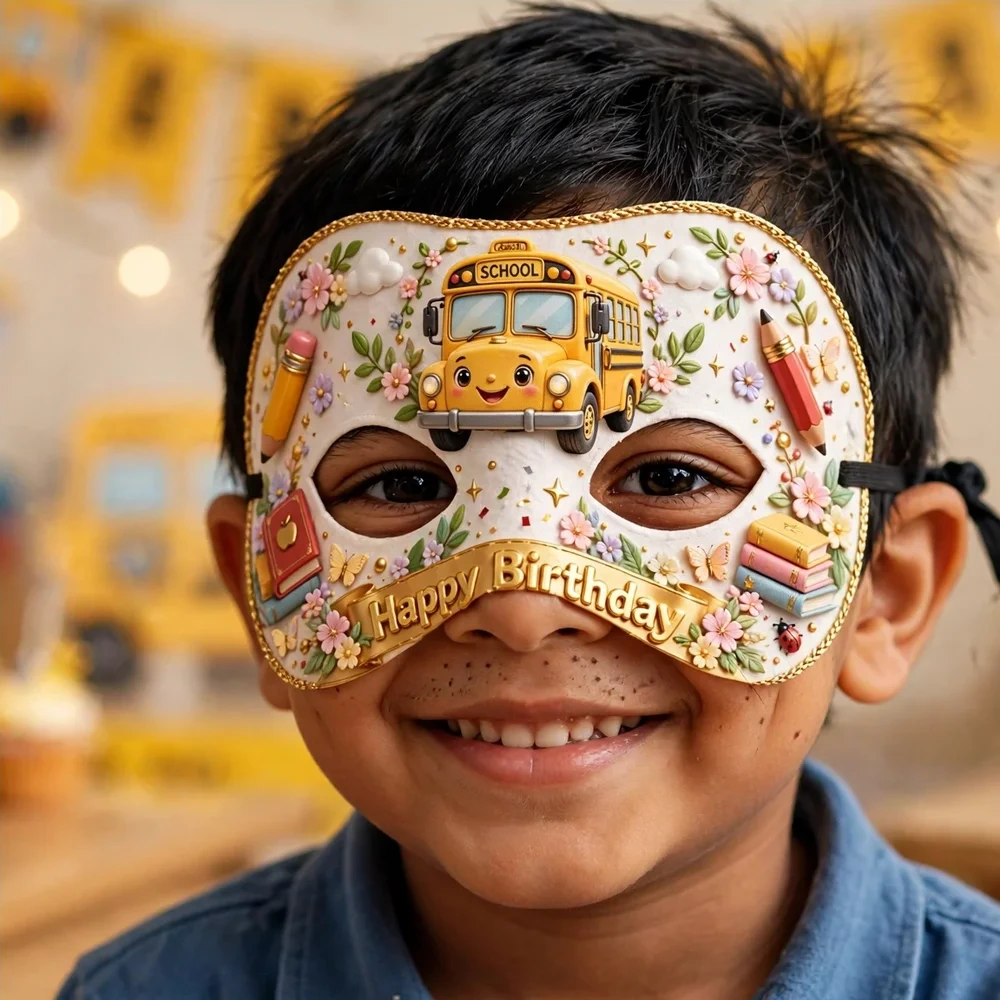 School Bus Theme Party Mask Birthday Party Supplies (PACK OF 12) - 280 GSM Cardstock with Soft Stretchable Elastic Band (7 Inches wide) - Premium Party Decor Supply by Party Decor Mall - View 4