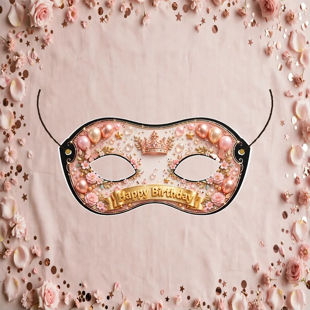 Rose Gold Theme Party Mask Birthday Party Supplies (PACK OF 12) - 280 GSM Cardstock with Soft Stretchable Elastic Band (7 Inches wide) - Premium Party Decor Supply by Party Decor Mall - View 1