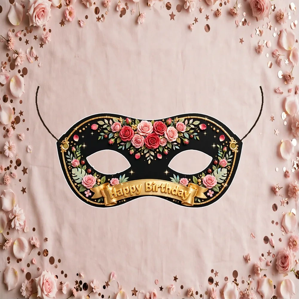 Rose Theme Party Mask Birthday Party Supplies (PACK OF 12) - 280 GSM Cardstock with Soft Stretchable Elastic Band (7 Inches wide)
