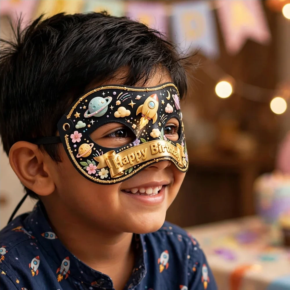 Rocket Theme Party Mask Birthday Party Supplies (PACK OF 12) - 280 GSM Cardstock with Soft Stretchable Elastic Band (7 Inches wide) - Premium Party Decor Supply by Party Decor Mall - View 4