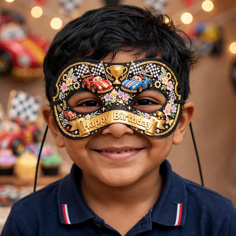 Racing Theme Party Mask Birthday Party Supplies (PACK OF 12) - 280 GSM Cardstock with Soft Stretchable Elastic Band (7 Inches wide) - Premium Party Decor Supply by Party Decor Mall - View 4