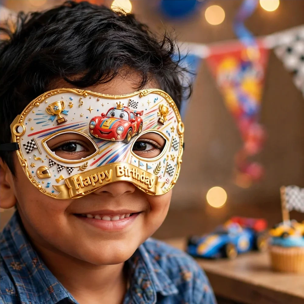 Race Car Theme Party Mask Birthday Party Supplies (PACK OF 12) - 280 GSM Cardstock with Soft Stretchable Elastic Band (7 Inches wide) - Premium Party Decor Supply by Party Decor Mall - View 4