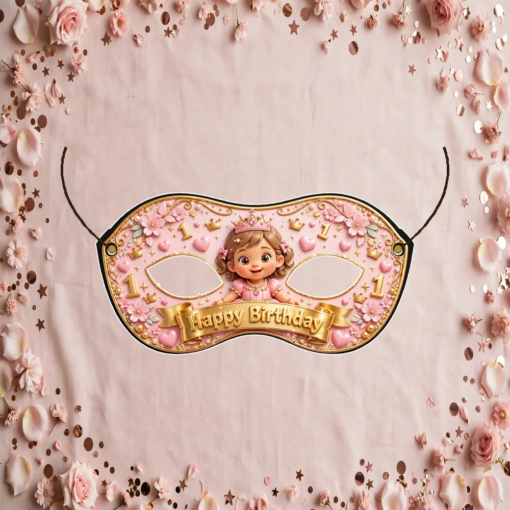 Princess 1st Birthday Theme Party Mask Birthday Party Supplies (PACK OF 12) - 280 GSM Cardstock with Soft Stretchable Elastic Band (7 Inches wide) - Premium Party Decor Supply by Party Decor Mall - View 1