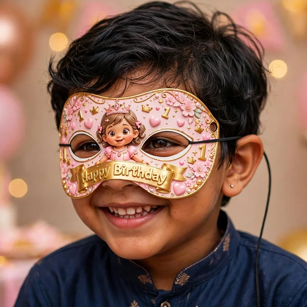 Princess 1st Birthday Theme Party Mask Birthday Party Supplies (PACK OF 12) - 280 GSM Cardstock with Soft Stretchable Elastic Band (7 Inches wide) - Premium Party Decor Supply by Party Decor Mall - View 4