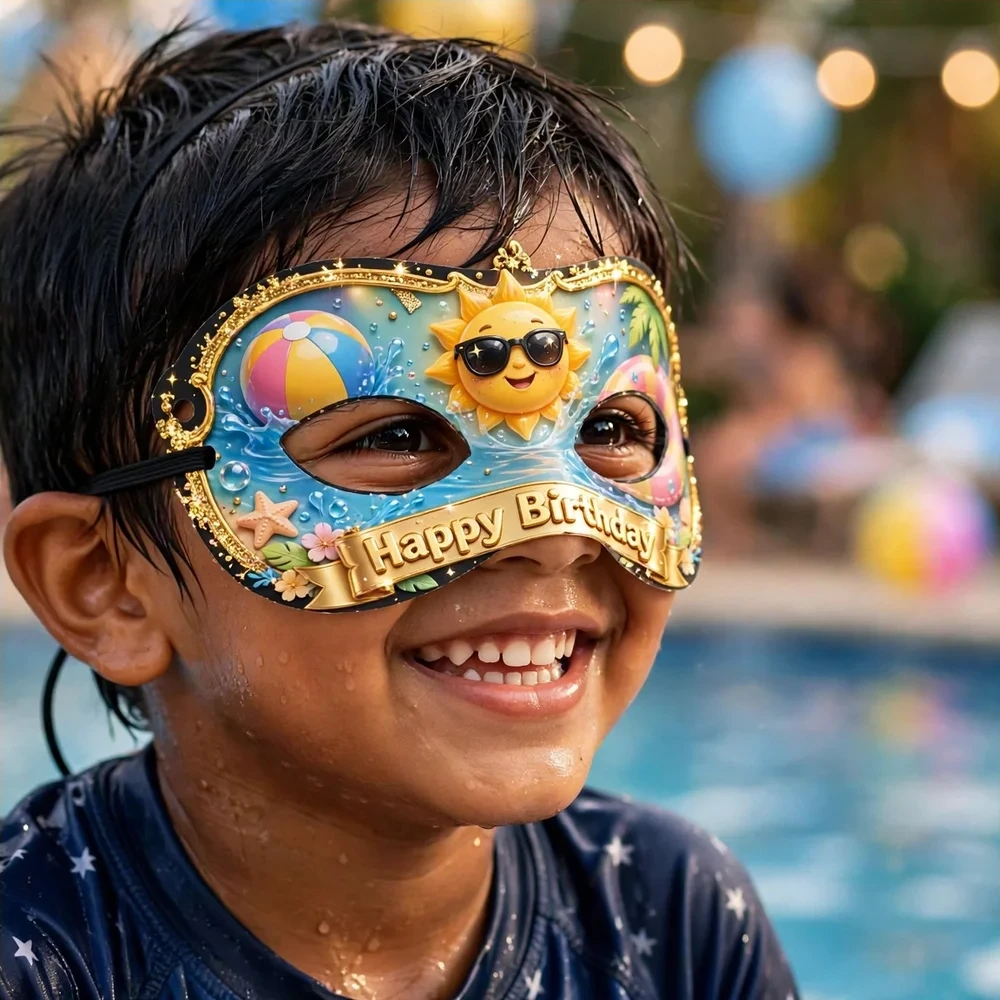 Pool Party Theme Party Mask Birthday Party Supplies (PACK OF 12) - 280 GSM Cardstock with Soft Stretchable Elastic Band (7 Inches wide) - Premium Party Decor Supply by Party Decor Mall - View 4