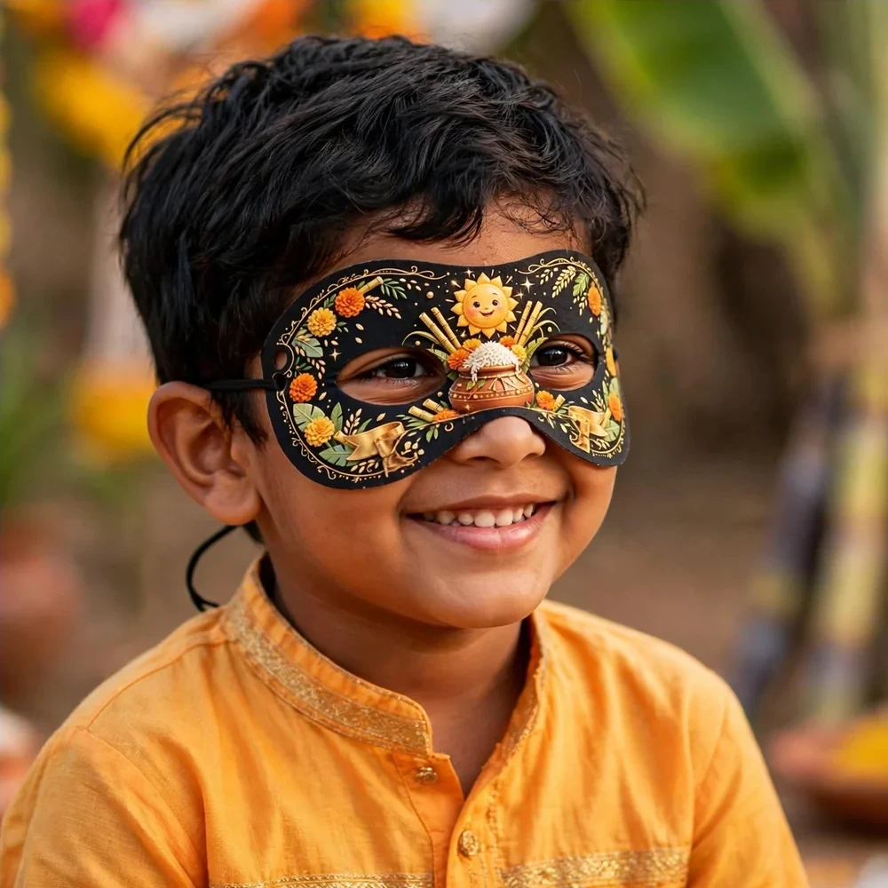 Pongal Theme Party Mask Birthday Party Supplies (PACK OF 12) - 280 GSM Cardstock with Soft Stretchable Elastic Band (7 Inches wide) - Premium Party Decor Supply by Party Decor Mall - View 4