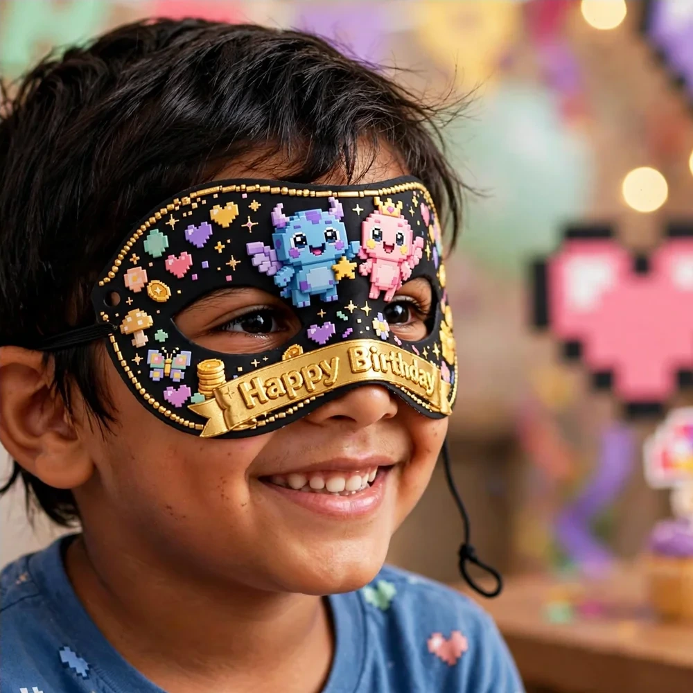 Pixel Party Theme Party Mask Birthday Party Supplies (PACK OF 12) - 280 GSM Cardstock with Soft Stretchable Elastic Band (7 Inches wide) - Premium Party Decor Supply by Party Decor Mall - View 4