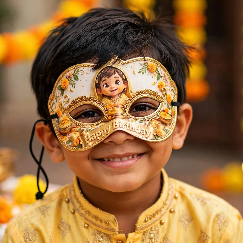 Pithi Theme Party Mask Birthday Party Supplies (PACK OF 12) - 280 GSM Cardstock with Soft Stretchable Elastic Band (7 Inches wide) - Premium Party Decor Supply by Party Decor Mall - View 4