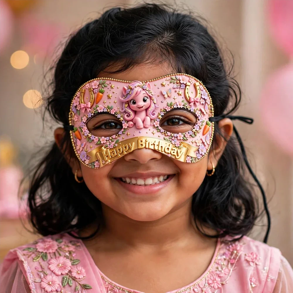 Pink Pony Theme Party Mask Birthday Party Supplies (PACK OF 12) - 280 GSM Cardstock with Soft Stretchable Elastic Band (7 Inches wide) - Premium Party Decor Supply by Party Decor Mall - View 4