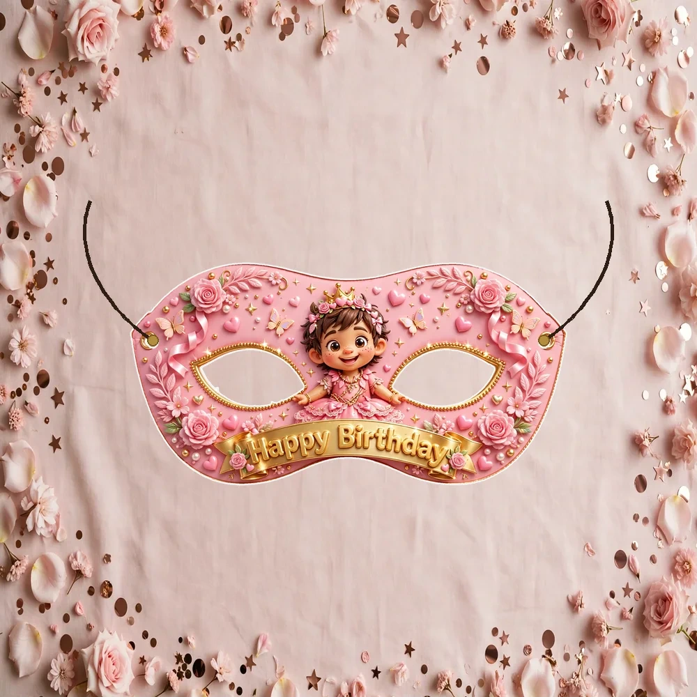 Pink Theme Party Mask Birthday Party Supplies (PACK OF 12) - 280 GSM Cardstock with Soft Stretchable Elastic Band (7 Inches wide)