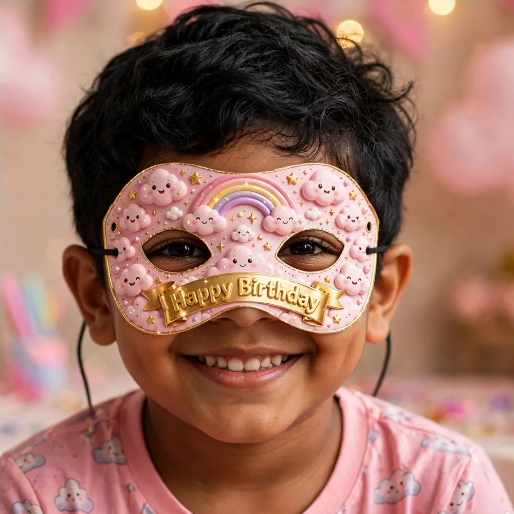 Pink Clouds Theme Party Mask Birthday Party Supplies (PACK OF 12) - 280 GSM Cardstock with Soft Stretchable Elastic Band (7 Inches wide) - Premium Party Decor Supply by Party Decor Mall - View 4
