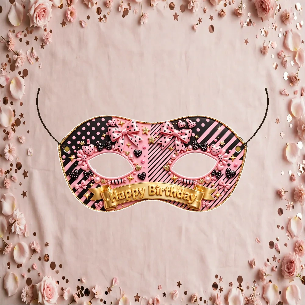 Pink & Black Theme Party Mask Birthday Party Supplies (PACK OF 12) - 280 GSM Cardstock with Soft Stretchable Elastic Band (7 Inches wide) - Premium Party Decor Supply by Party Decor Mall - View 1