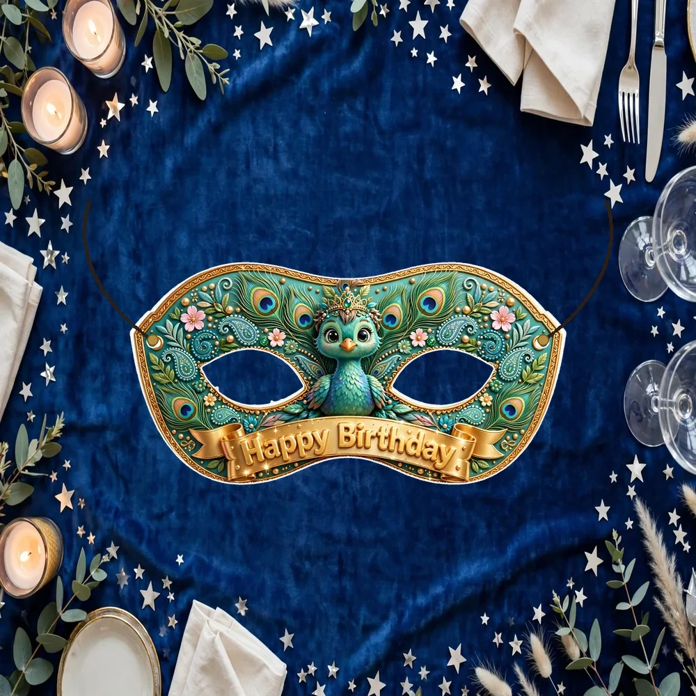 Peacock Theme Party Mask Birthday Party Supplies (PACK OF 12) - 280 GSM Cardstock with Soft Stretchable Elastic Band (7 Inches wide)