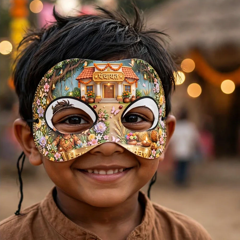 Panchayat Theme Party Mask Birthday Party Supplies (PACK OF 12) - 280 GSM Cardstock with Soft Stretchable Elastic Band (7 Inches wide) - Premium Party Decor Supply by Party Decor Mall - View 4