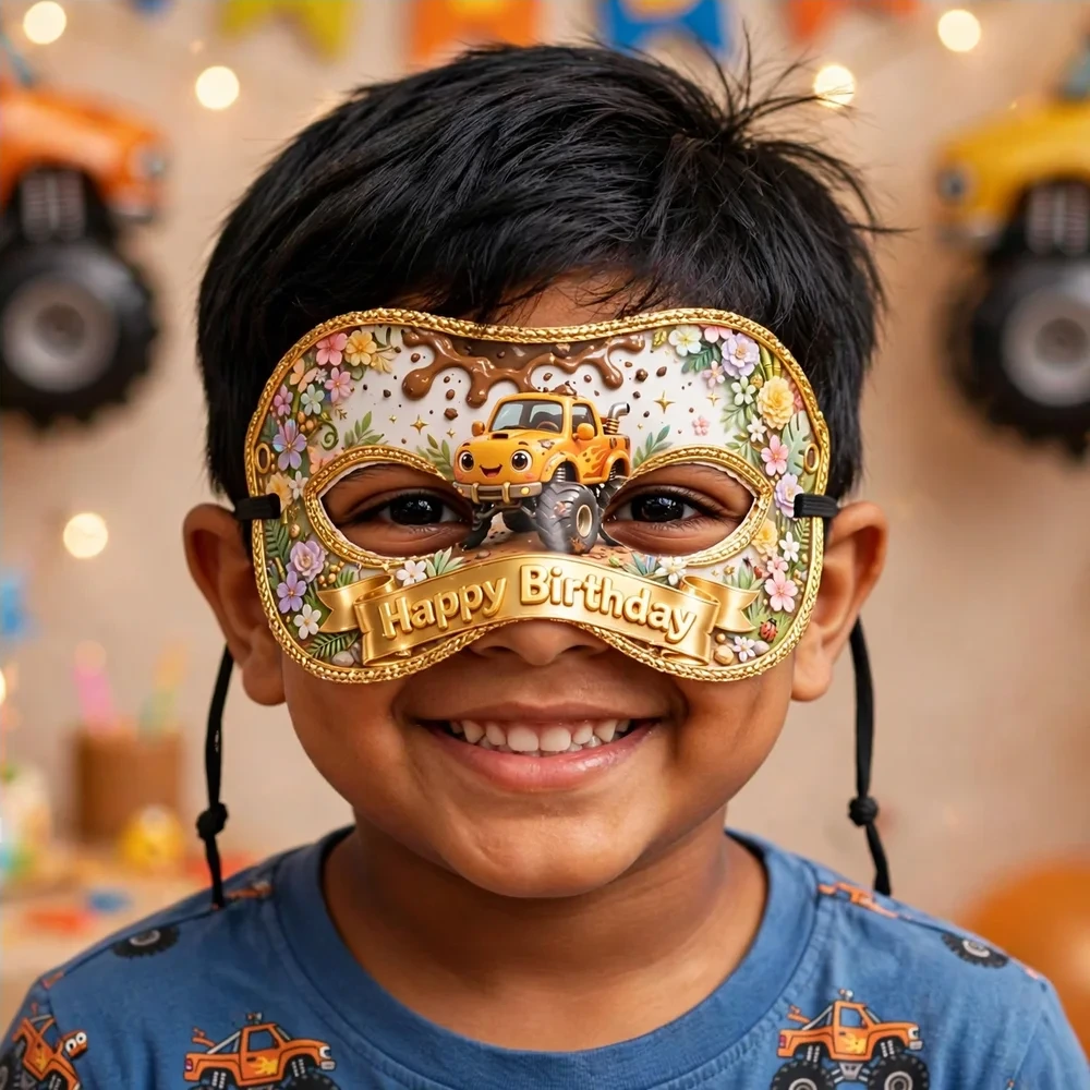 Monster Truck Theme Party Mask Birthday Party Supplies (PACK OF 12) - 280 GSM Cardstock with Soft Stretchable Elastic Band (7 Inches wide) - Premium Party Decor Supply by Party Decor Mall - View 4