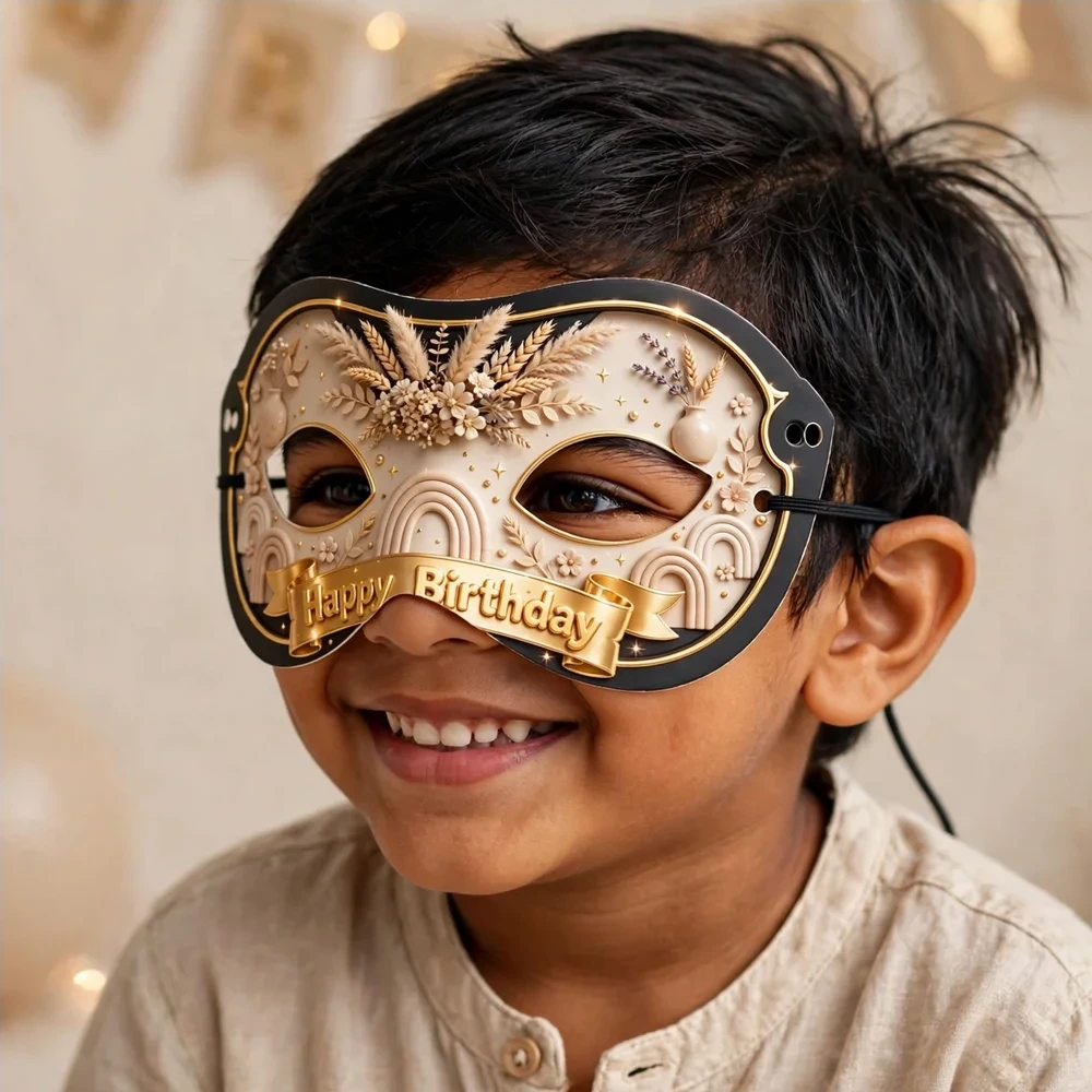 Minimal Beige Theme Party Mask Birthday Party Supplies (PACK OF 12) - 280 GSM Cardstock with Soft Stretchable Elastic Band (7 Inches wide) - Premium Party Decor Supply by Party Decor Mall - View 4