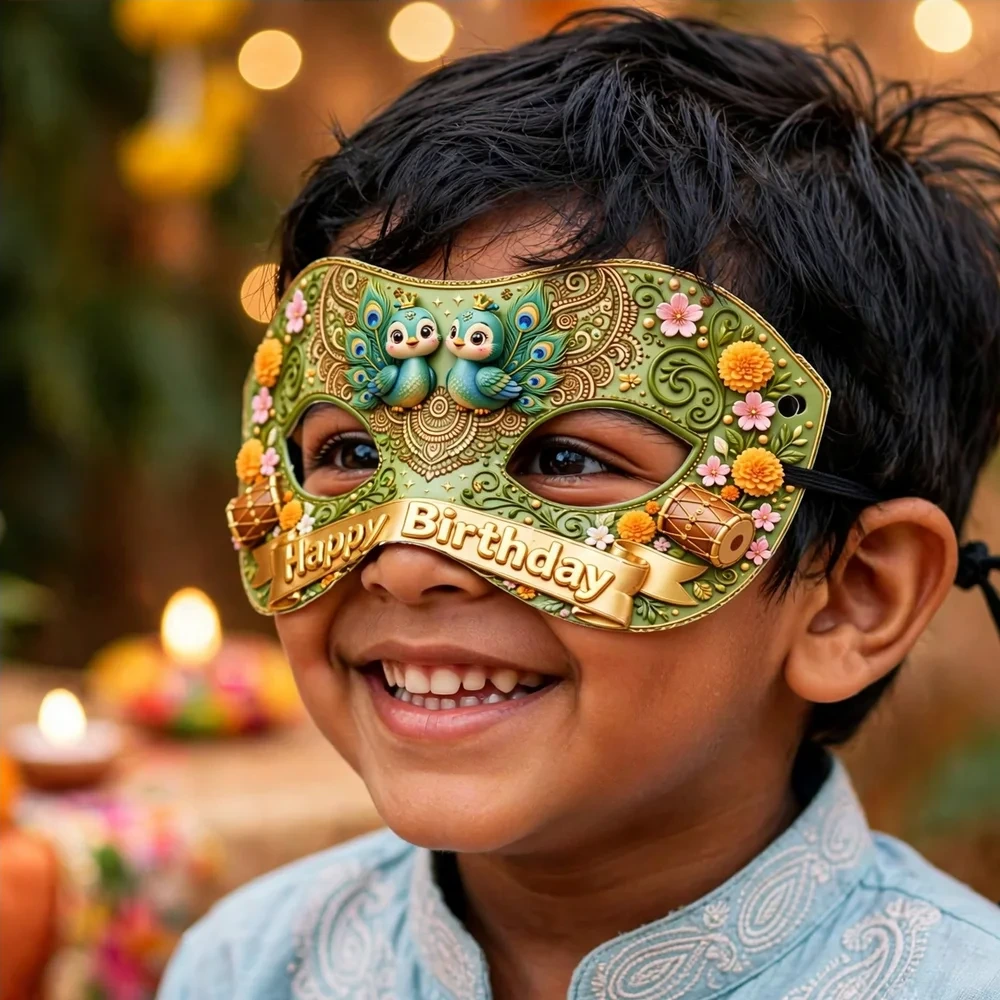 Mehendi Theme Party Mask Birthday Party Supplies (PACK OF 12) - 280 GSM Cardstock with Soft Stretchable Elastic Band (7 Inches wide) - Premium Party Decor Supply by Party Decor Mall - View 4