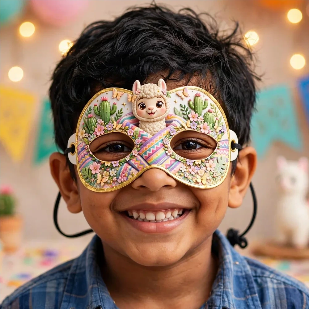 Llama Theme Party Mask Birthday Party Supplies (PACK OF 12) - 280 GSM Cardstock with Soft Stretchable Elastic Band (7 Inches wide) - Premium Party Decor Supply by Party Decor Mall - View 4