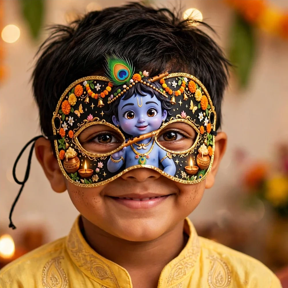 Krishna Theme Party Mask Birthday Party Supplies (PACK OF 12) - 280 GSM Cardstock with Soft Stretchable Elastic Band (7 Inches wide) - Premium Party Decor Supply by Party Decor Mall - View 4