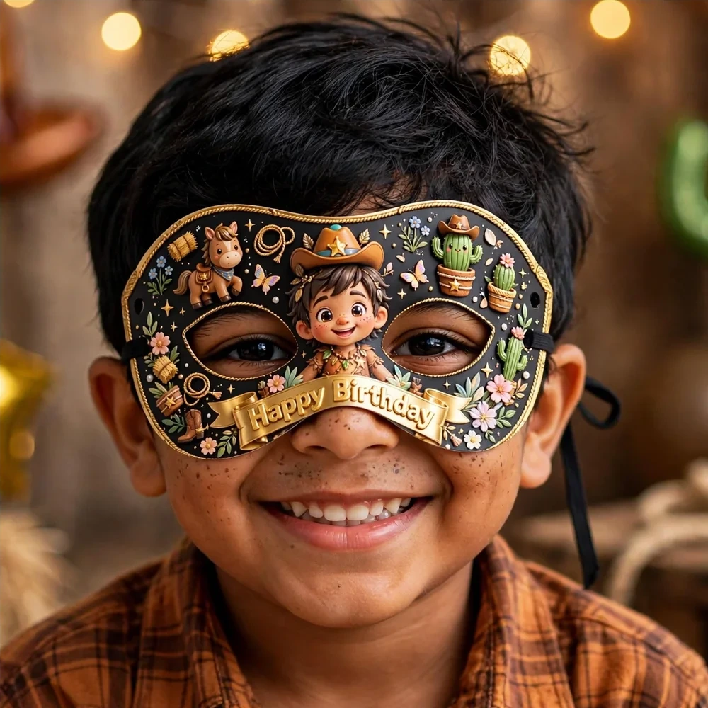 Little Cowboy Theme Party Mask Birthday Party Supplies (PACK OF 12) - 280 GSM Cardstock with Soft Stretchable Elastic Band (7 Inches wide) - Premium Party Decor Supply by Party Decor Mall - View 4