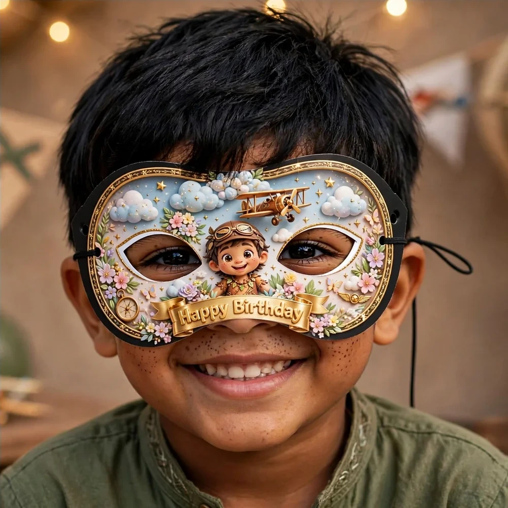 Little Aviator Theme Party Mask Birthday Party Supplies (PACK OF 12) - 280 GSM Cardstock with Soft Stretchable Elastic Band (7 Inches wide) - Premium Party Decor Supply by Party Decor Mall - View 4