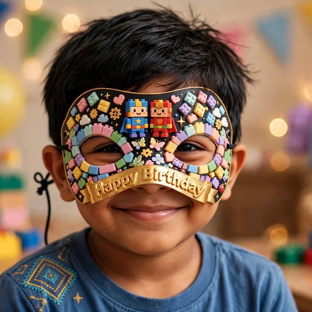 Lego Theme Party Mask Birthday Party Supplies (PACK OF 12) - 280 GSM Cardstock with Soft Stretchable Elastic Band (7 Inches wide) - Premium Party Decor Supply by Party Decor Mall - View 4